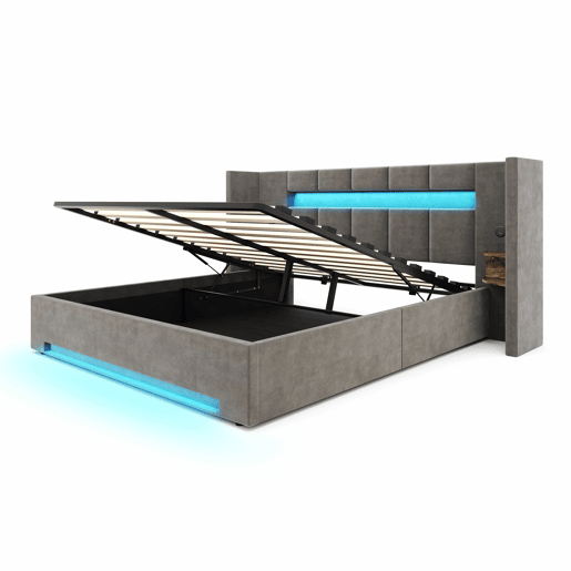 Cama multifuncional 160x200 cm - Cabeceira larga, 2 portas USB, armário embutido, luz LED, sistema hidráulico e amplo espaço de arrumação debaixo da cama com tecido não tecido - Cinza escuro Cama multifuncional 160x200 cm - Cabeceira larga, 2 portas USB, armário embutido, luz LED, sistema hidráulico e amplo espaço de arrumação debaixo da cama com tecido não tecido - Cinza escuro