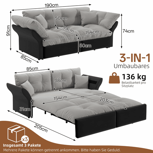 Sofá-cama extensível de 190 cm (Queen Size) u2013 3 em 1 com estofo capitoné e 2 almofadas, sofá-cama multifuncional em veludo para 2 pessoas u2013 cinzento claro