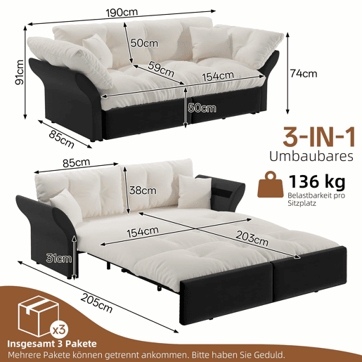 Sofá-cama extensível Queen Size 190 cm - 3 em 1 com estofo capitoné e 2 almofadas, sofá-cama multifuncional em veludo para 2 pessoas - bege