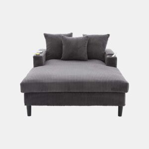 Sofá Lounge Multifuncional de 1 lugar - Com chaise longue, suportes para bebidas em ambos os lados, iluminação LED, espaço de arrumação, porta de carregamento USB, estilo moderno - Cinza escuro