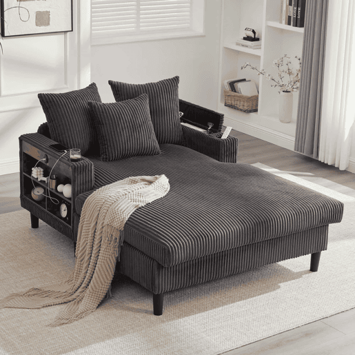 Sofá Lounge Multifuncional de 1 lugar - Com chaise longue, suportes para bebidas em ambos os lados, iluminação LED, espaço de arrumação, porta de carregamento USB, estilo moderno - Cinza escuro Sofá Lounge Multifuncional de 1 lugar - Com chaise longue, suportes para bebidas em ambos os lados, iluminação LED, espaço de arrumação, porta de carregamento USB, estilo moderno - Cinza escuro