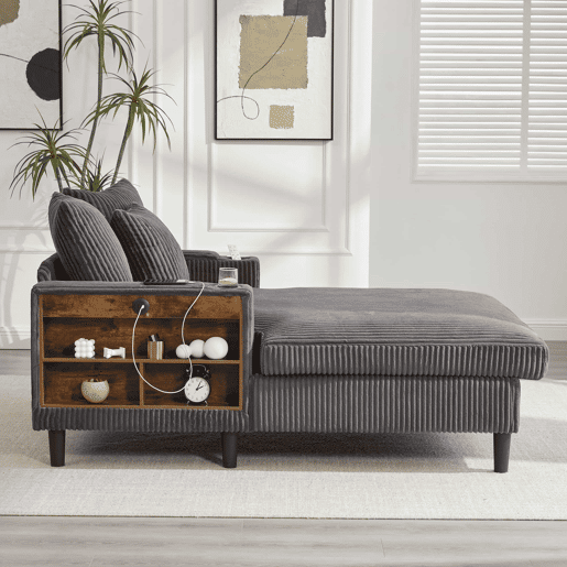 Sofá Lounge Multifuncional de 1 lugar - Com chaise longue, suportes para bebidas em ambos os lados, iluminação LED, espaço de arrumação, porta de carregamento USB, estilo moderno - Cinza escuro Sofá Lounge Multifuncional de 1 lugar - Com chaise longue, suportes para bebidas em ambos os lados, iluminação LED, espaço de arrumação, porta de carregamento USB, estilo moderno - Cinza escuro