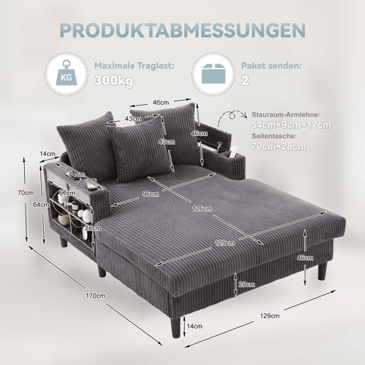 Sofá Lounge Multifuncional de 1 lugar - Com chaise longue, suportes para bebidas em ambos os lados, iluminação LED, espaço de arrumação, porta de carregamento USB, estilo moderno - Cinza escuro Sofá Lounge Multifuncional de 1 lugar - Com chaise longue, suportes para bebidas em ambos os lados, iluminação LED, espaço de arrumação, porta de carregamento USB, estilo moderno - Cinza escuro