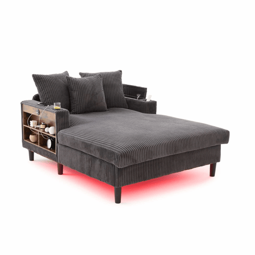 Sofá Lounge Multifuncional de 1 lugar - Com chaise longue, suportes para bebidas em ambos os lados, iluminação LED, espaço de arrumação, porta de carregamento USB, estilo moderno - Cinza escuro Sofá Lounge Multifuncional de 1 lugar - Com chaise longue, suportes para bebidas em ambos os lados, iluminação LED, espaço de arrumação, porta de carregamento USB, estilo moderno - Cinza escuro