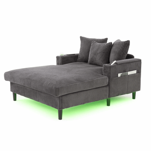 Sofá Lounge Multifuncional de 1 lugar - Com chaise longue, suportes para bebidas em ambos os lados, iluminação LED, espaço de arrumação, porta de carregamento USB, estilo moderno - Cinza escuro Sofá Lounge Multifuncional de 1 lugar - Com chaise longue, suportes para bebidas em ambos os lados, iluminação LED, espaço de arrumação, porta de carregamento USB, estilo moderno - Cinza escuro