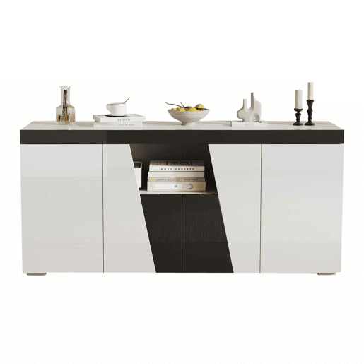 Aparador de sala 140 x 40 x 65 cm - 3 compartimentos, 4 portas, design geométrico bicolor em branco e preto com iluminação LED - Branco