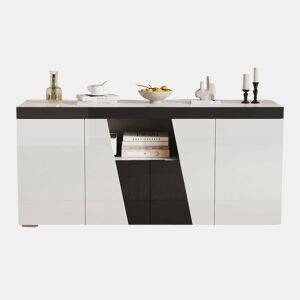 Aparador de sala 140 x 40 x 65 cm - 3 compartimentos, 4 portas, design geométrico bicolor em branco e preto com iluminação LED - Branco