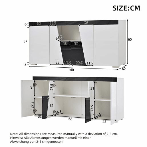 Aparador de sala 140 x 40 x 65 cm - 3 compartimentos, 4 portas, design geométrico bicolor em branco e preto com iluminação LED - Branco