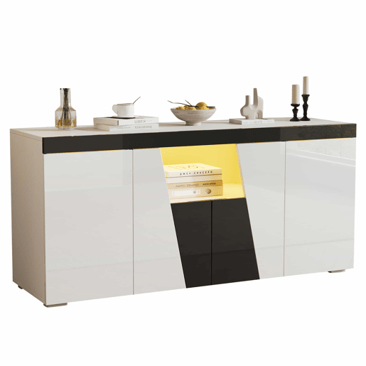 Aparador de sala 140 x 40 x 65 cm - 3 compartimentos, 4 portas, design geométrico bicolor em branco e preto com iluminação LED - Branco