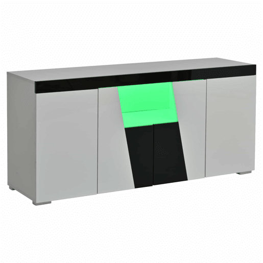 Aparador de sala 140 x 40 x 65 cm - 3 compartimentos, 4 portas, design geométrico bicolor em branco e preto com iluminação LED - Branco