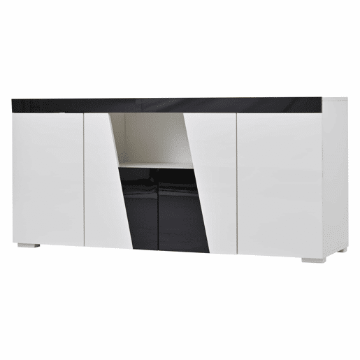 Aparador de sala 140 x 40 x 65 cm - 3 compartimentos, 4 portas, design geométrico bicolor em branco e preto com iluminação LED - Branco