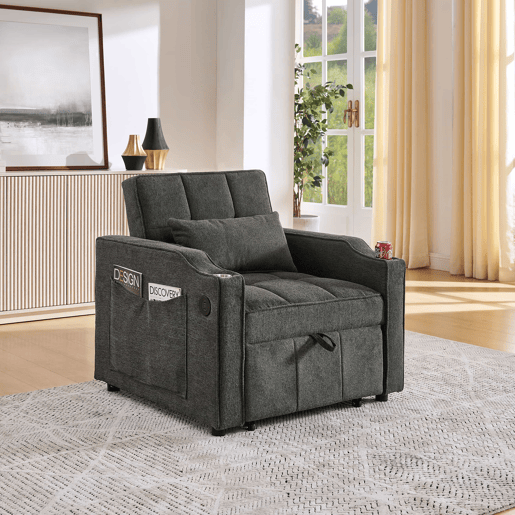 Sofá-cama de 1 lugar - Estilo minimalista, elegante e sofisticado, design deslizante, porta USB - Cinza Sofá-cama de 1 lugar - Estilo minimalista, elegante e sofisticado, design deslizante, porta USB - Cinza
