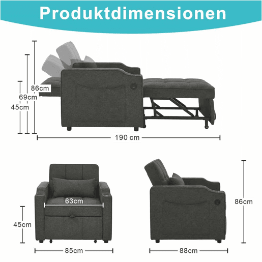 Sofá-cama de 1 lugar - Estilo minimalista, elegante e sofisticado, design deslizante, porta USB - Cinza Sofá-cama de 1 lugar - Estilo minimalista, elegante e sofisticado, design deslizante, porta USB - Cinza