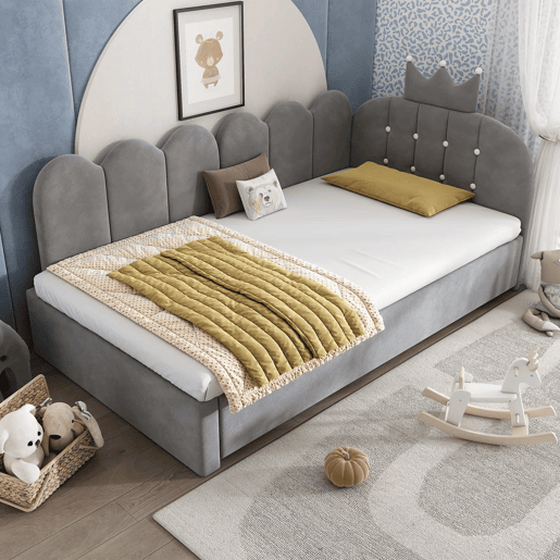 Sofá-cama 90x200 cm 90x190 cm - L, cama extraível, veludo, design com coroa e grelha, poupa espaço para quartos infantis e de hóspedes - cinzento Sofá-cama 90x200 cm 90x190 cm - L, cama extraível, veludo, design com coroa e grelha, poupa espaço para quartos infantis e de hóspedes - cinzento