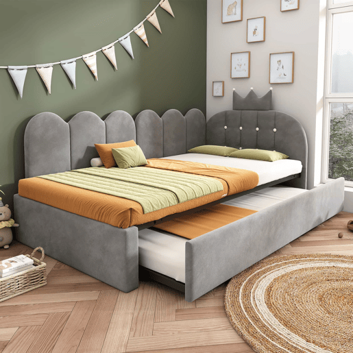 Sofá-cama 90x200 cm 90x190 cm - L, cama extraível, veludo, design com coroa e grelha, poupa espaço para quartos infantis e de hóspedes - cinzento Sofá-cama 90x200 cm 90x190 cm - L, cama extraível, veludo, design com coroa e grelha, poupa espaço para quartos infantis e de hóspedes - cinzento