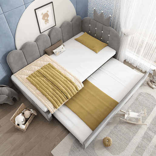 Sofá-cama 90x200 cm 90x190 cm - L, cama extraível, veludo, design com coroa e grelha, poupa espaço para quartos infantis e de hóspedes - cinzento Sofá-cama 90x200 cm 90x190 cm - L, cama extraível, veludo, design com coroa e grelha, poupa espaço para quartos infantis e de hóspedes - cinzento