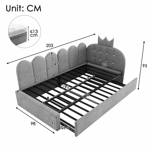 Sofá-cama 90x200 cm 90x190 cm - L, cama extraível, veludo, design com coroa e grelha, poupa espaço para quartos infantis e de hóspedes - cinzento Sofá-cama 90x200 cm 90x190 cm - L, cama extraível, veludo, design com coroa e grelha, poupa espaço para quartos infantis e de hóspedes - cinzento