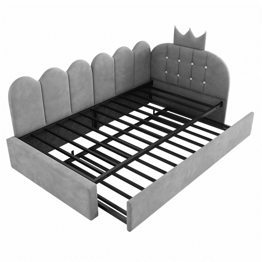Sofá-cama 90x200 cm 90x190 cm - L, cama extraível, veludo, design com coroa e grelha, poupa espaço para quartos infantis e de hóspedes - cinzento Sofá-cama 90x200 cm 90x190 cm - L, cama extraível, veludo, design com coroa e grelha, poupa espaço para quartos infantis e de hóspedes - cinzento