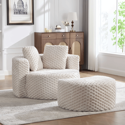 Poltrona individual 130×115×103 cm - Extra grande, sem estrutura, com pufe, assento macio em felpa sintética, ideal para a sala de estarquarto - Bege