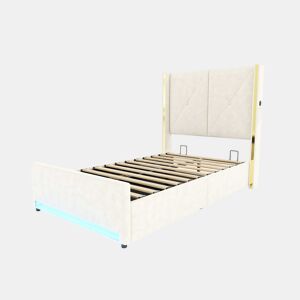 Cama de veludo 90×200 cm - Cabeceira alta, macia e acolchoada, bolsos laterais, USB e LED, sistema hidráulico e amplo espaço de arrumação debaixo da cama - Bege