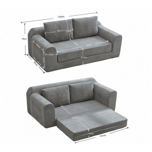 Sofá-cama dobrável de 2 lugares - Conversível, moderno, com almofada e futon - Cinza escuro