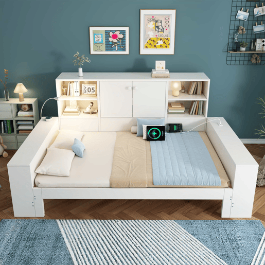 Cama com arrumação 90x200 cm - cama embutida com cama extraível, portas duplas de arrumação, portas USBUSB-C, design multifuncional e economizador de espaço, cama juvenil e de casal - branco Cama com arrumação 90x200 cm - cama embutida com cama extraível, portas duplas de arrumação, portas USBUSB-C, design multifuncional e economizador de espaço, cama juvenil e de casal - branco