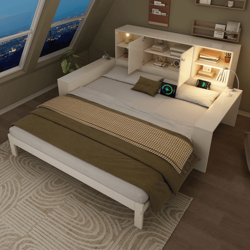 Cama com arrumação 90x200 cm - cama embutida com cama extraível, portas duplas de arrumação, portas USBUSB-C, design multifuncional e economizador de espaço, cama juvenil e de casal - branco Cama com arrumação 90x200 cm - cama embutida com cama extraível, portas duplas de arrumação, portas USBUSB-C, design multifuncional e economizador de espaço, cama juvenil e de casal - branco