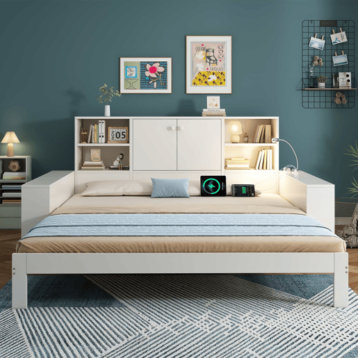 Cama com arrumação 90x200 cm - cama embutida com cama extraível, portas duplas de arrumação, portas USBUSB-C, design multifuncional e economizador de espaço, cama juvenil e de casal - branco Cama com arrumação 90x200 cm - cama embutida com cama extraível, portas duplas de arrumação, portas USBUSB-C, design multifuncional e economizador de espaço, cama juvenil e de casal - branco