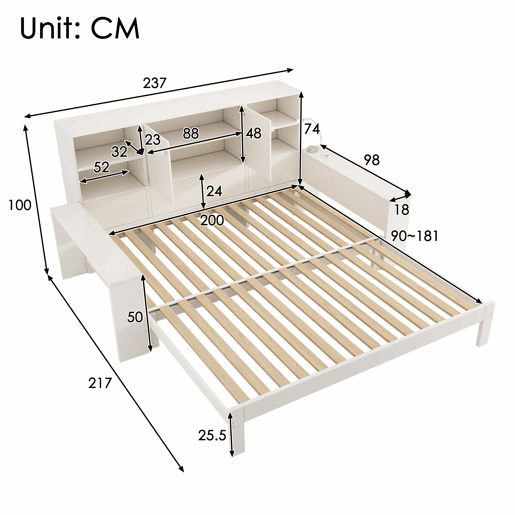 Cama com arrumação 90x200 cm - cama embutida com cama extraível, portas duplas de arrumação, portas USBUSB-C, design multifuncional e economizador de espaço, cama juvenil e de casal - branco Cama com arrumação 90x200 cm - cama embutida com cama extraível, portas duplas de arrumação, portas USBUSB-C, design multifuncional e economizador de espaço, cama juvenil e de casal - branco