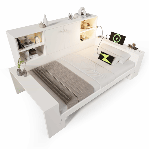 Cama com arrumação 90x200 cm - cama embutida com cama extraível, portas duplas de arrumação, portas USBUSB-C, design multifuncional e economizador de espaço, cama juvenil e de casal - branco Cama com arrumação 90x200 cm - cama embutida com cama extraível, portas duplas de arrumação, portas USBUSB-C, design multifuncional e economizador de espaço, cama juvenil e de casal - branco