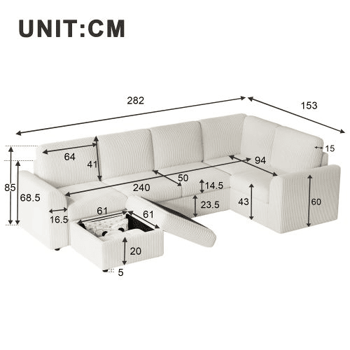 Sofá modular 6 lugares fixa panorâmico de tecido,bege Sofá modular 6 lugares fixa panorâmico de tecido,bege