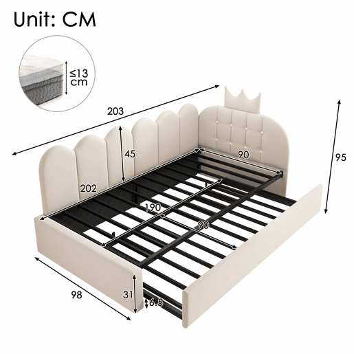 Sofá-cama com cama extra de 90x200 cm  90x190 cm - formato em L, veludo, design com coroa e grelha, poupa espaço para quartos infantis e de hóspedes - Bege