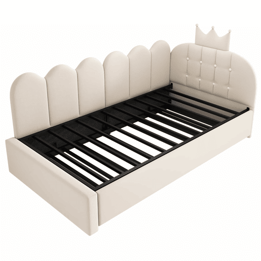 Sofá-cama com cama extra de 90x200 cm  90x190 cm - formato em L, veludo, design com coroa e grelha, poupa espaço para quartos infantis e de hóspedes - Bege