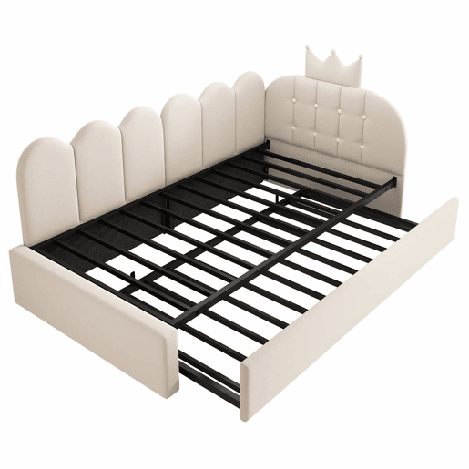 Sofá-cama com cama extra de 90x200 cm  90x190 cm - formato em L, veludo, design com coroa e grelha, poupa espaço para quartos infantis e de hóspedes - Bege