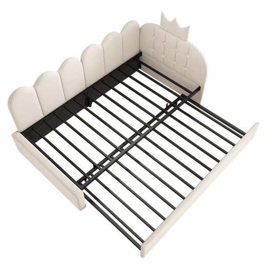 Sofá-cama com cama extra de 90x200 cm  90x190 cm - formato em L, veludo, design com coroa e grelha, poupa espaço para quartos infantis e de hóspedes - Bege