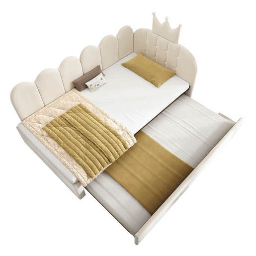Sofá-cama com cama extra de 90x200 cm  90x190 cm - formato em L, veludo, design com coroa e grelha, poupa espaço para quartos infantis e de hóspedes - Bege