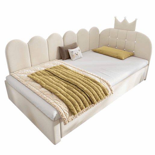 Sofá-cama com cama extra de 90x200 cm  90x190 cm - formato em L, veludo, design com coroa e grelha, poupa espaço para quartos infantis e de hóspedes - Bege