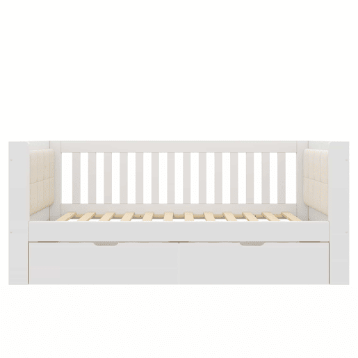 Sofá-cama 90 x 200 cm - 2 gavetas, madeira, braços arredondados, encosto confortável, ideal para apartamentos pequenos, montagem fácil, sem colchão - Branco