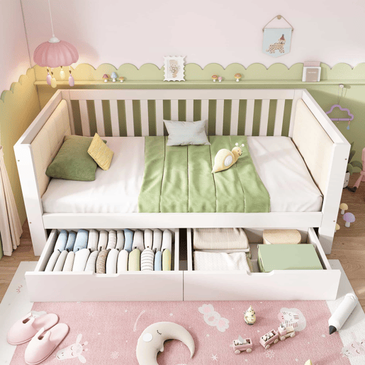 Sofá-cama 90 x 200 cm - 2 gavetas, madeira, braços arredondados, encosto confortável, ideal para apartamentos pequenos, montagem fácil, sem colchão - Branco