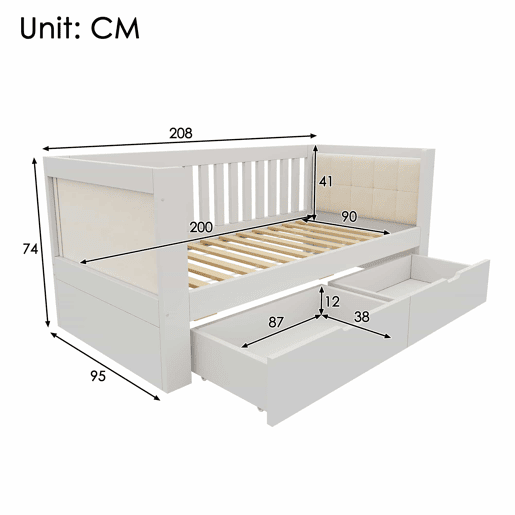 Sofá-cama 90 x 200 cm - 2 gavetas, madeira, braços arredondados, encosto confortável, ideal para apartamentos pequenos, montagem fácil, sem colchão - Branco