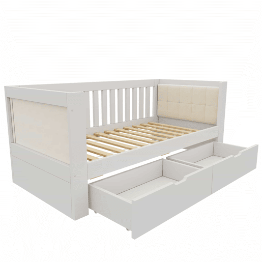 Sofá-cama 90 x 200 cm - 2 gavetas, madeira, braços arredondados, encosto confortável, ideal para apartamentos pequenos, montagem fácil, sem colchão - Branco