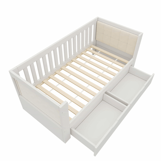 Sofá-cama 90 x 200 cm - 2 gavetas, madeira, braços arredondados, encosto confortável, ideal para apartamentos pequenos, montagem fácil, sem colchão - Branco