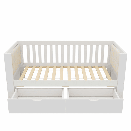 Sofá-cama 90 x 200 cm - 2 gavetas, madeira, braços arredondados, encosto confortável, ideal para apartamentos pequenos, montagem fácil, sem colchão - Branco