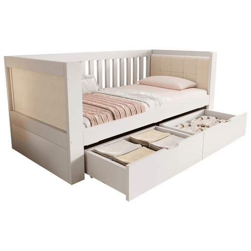 Sofá-cama 90 x 200 cm - 2 gavetas, madeira, braços arredondados, encosto confortável, ideal para apartamentos pequenos, montagem fácil, sem colchão - Branco