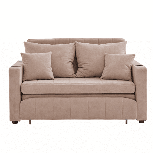 Sofá-cama extensível em tecido multifuncional de 2 lugares u2013 transformável em cama, bolsos nos braços, porta-carregador USB e porta-copos u2013 cor cáqui