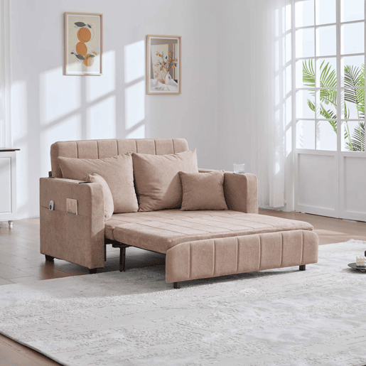 Sofá-cama extensível em tecido multifuncional de 2 lugares u2013 transformável em cama, bolsos nos braços, porta-carregador USB e porta-copos u2013 cor cáqui