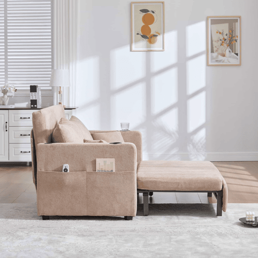Sofá-cama extensível em tecido multifuncional de 2 lugares u2013 transformável em cama, bolsos nos braços, porta-carregador USB e porta-copos u2013 cor cáqui