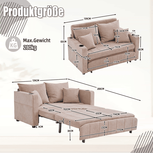 Sofá-cama extensível em tecido multifuncional de 2 lugares u2013 transformável em cama, bolsos nos braços, porta-carregador USB e porta-copos u2013 cor cáqui