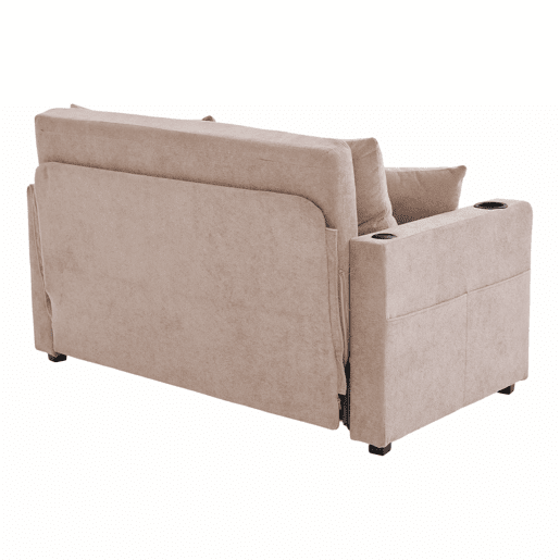 Sofá-cama extensível em tecido multifuncional de 2 lugares u2013 transformável em cama, bolsos nos braços, porta-carregador USB e porta-copos u2013 cor cáqui