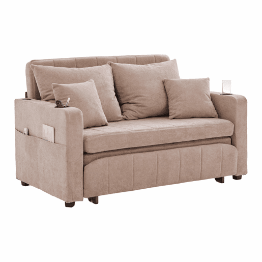 Sofá-cama extensível em tecido multifuncional de 2 lugares u2013 transformável em cama, bolsos nos braços, porta-carregador USB e porta-copos u2013 cor cáqui